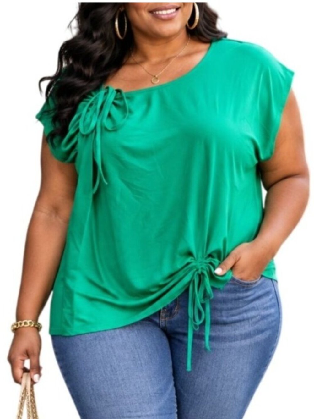 Kate & Mallory Plus Size 1X Top Ruched Green Blouse Adjustable Stylish